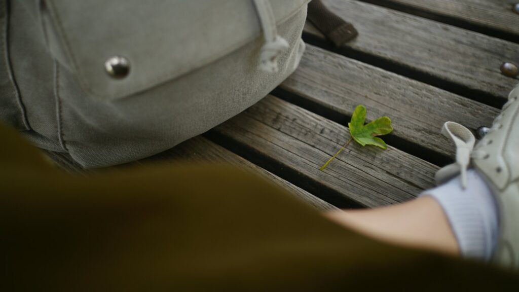 A pale canvas backpack on a weathered wooden bench beside a single small green leaf