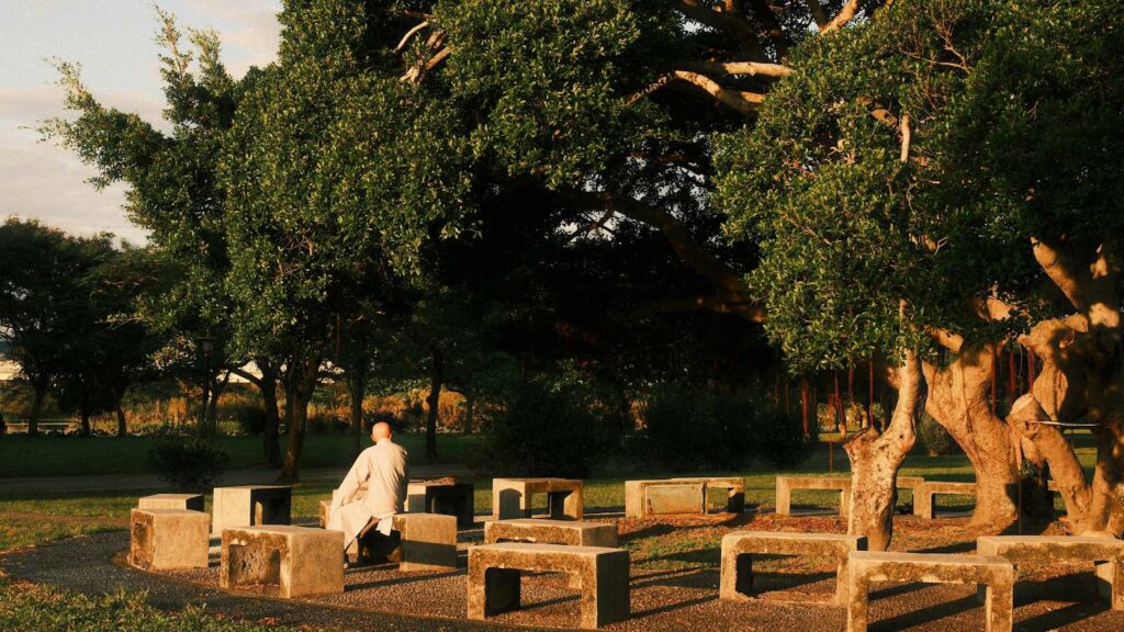 A person in pale clothing sitting alone on a stone bench beneath large trees in warm evening light